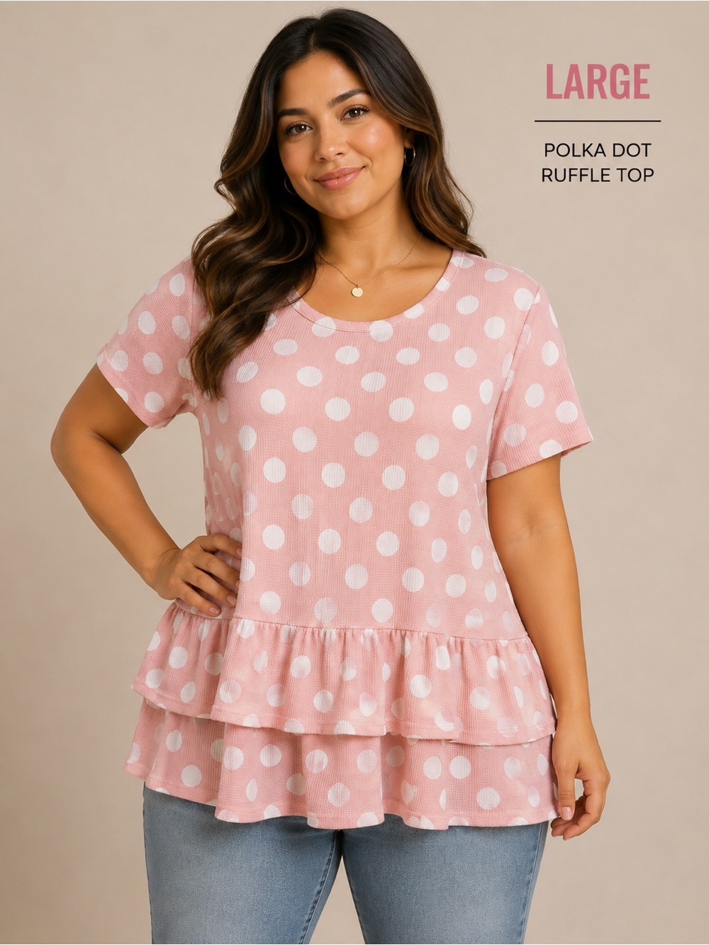 SOUTHERN QUEENS Polka Dot Ruffle Tee - Pink and White LARGE
